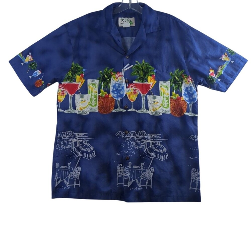KY'S Hawaiian Aloha Island Cocktail Shirt Mens Small Blue Made In Hawaii USA VTG